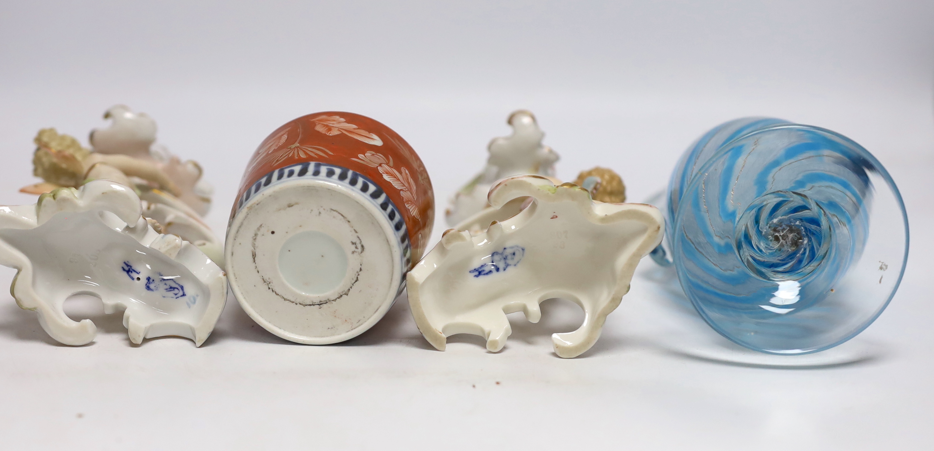 A group of mixed ceramics and glassware including an art glass jug, a leaf dish and a late 19th / early 20th century continental porcelain figures including Volkstedt, largest 32cm high